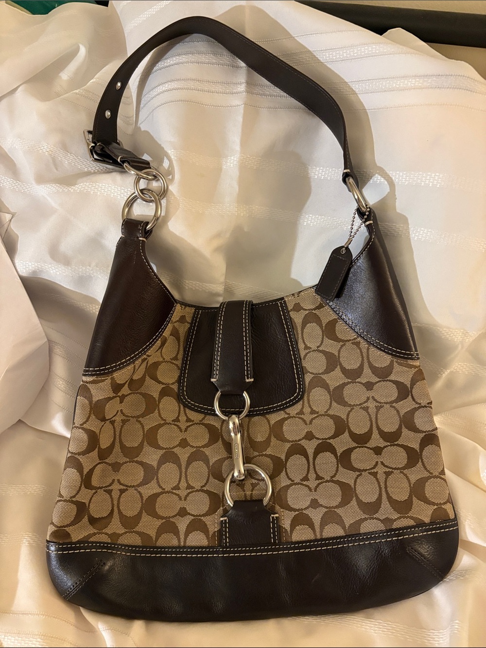 Coach Tan Signature Canvas Shoulder Bag with Dark Brown Trim